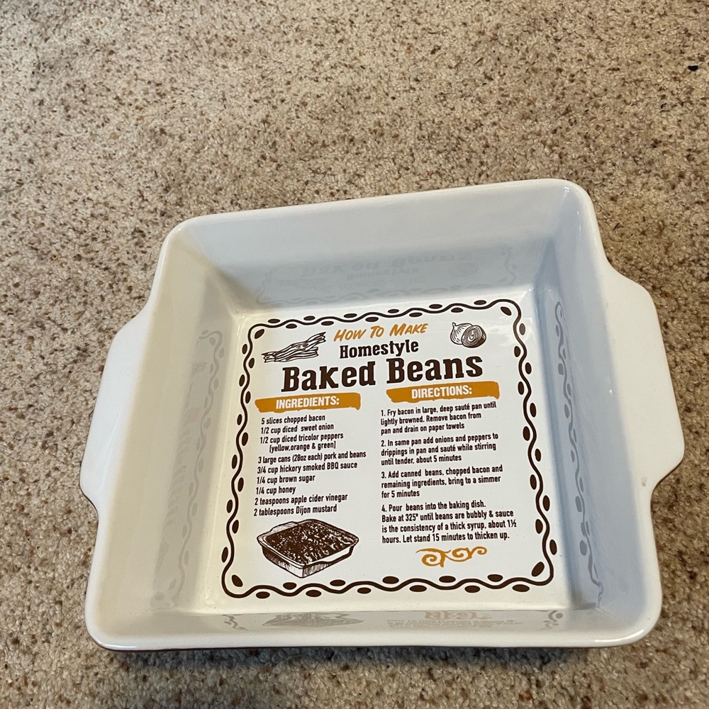 NWT 9x9 Brown and White Ceramic Baked Beans Recipe Dish